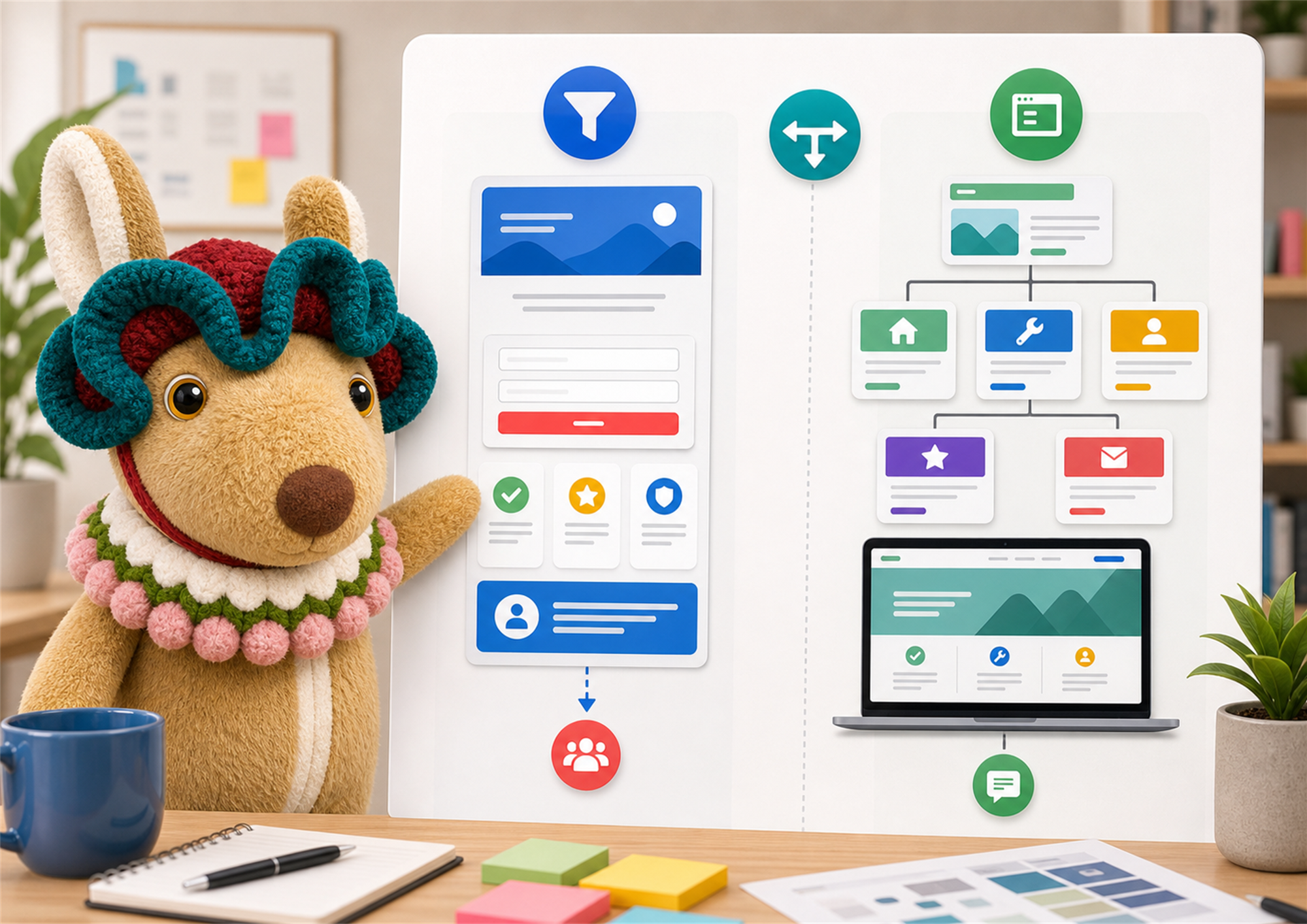 Webigaroo mascot with yellow and black eyes explaining landing page vs website with a decision board