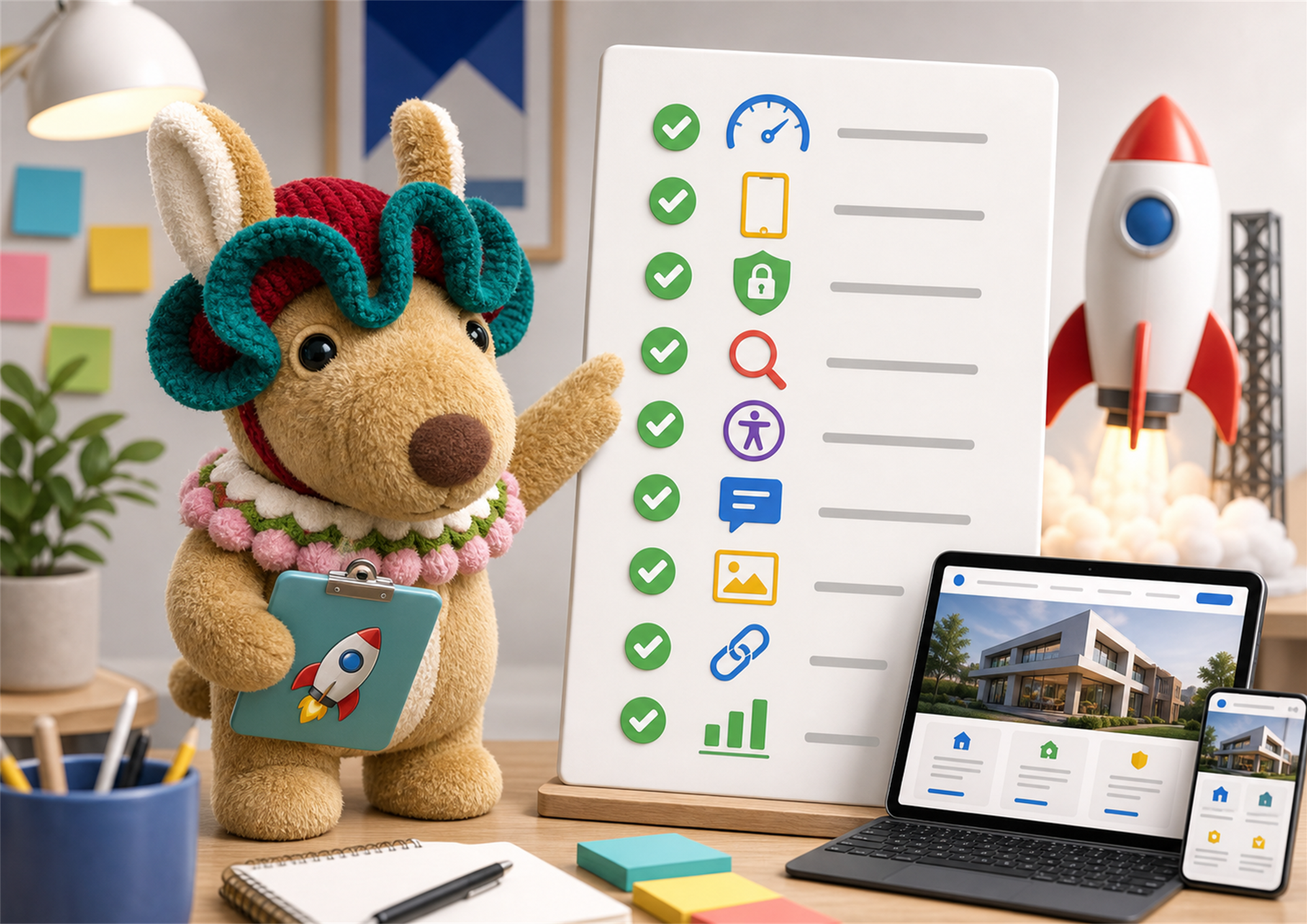 Webigaroo mascot with a small business website checklist before launch